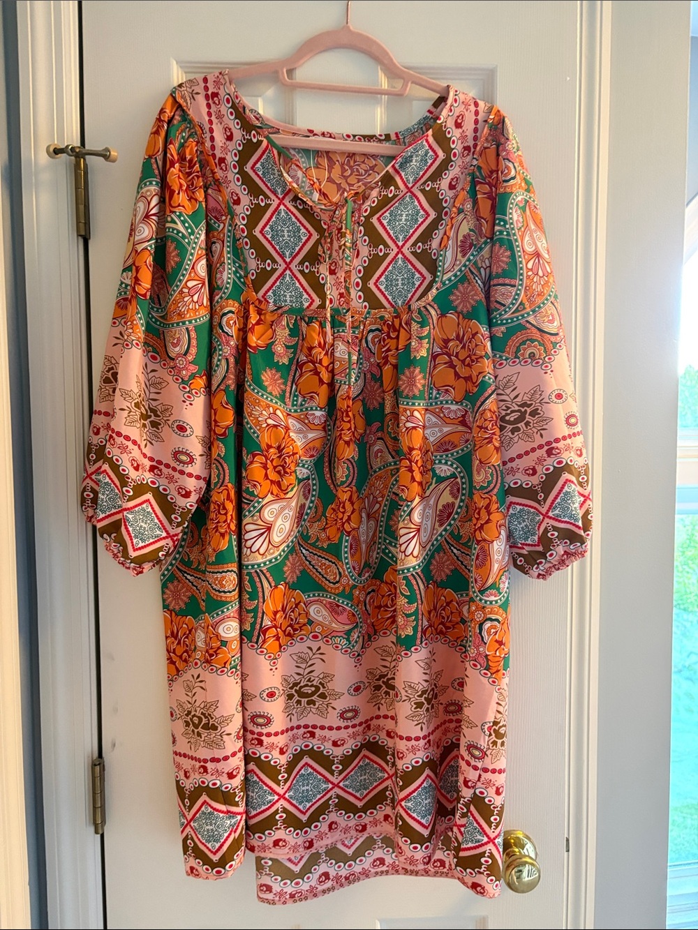 Vibrant Floral Patchwork Peasant Dress - Pink, Green & Orange